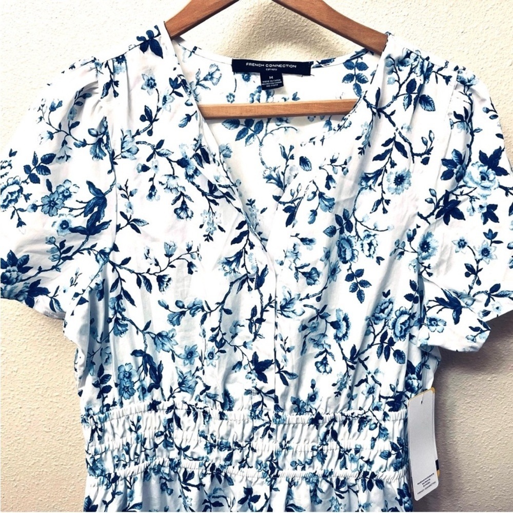 French Connection NWT White Blue Floral Maxi Dress 100% Cotton Women’s XS